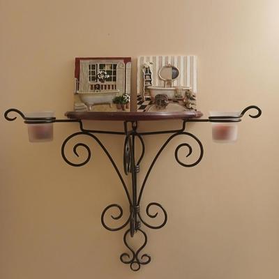 Bathroom decor, 3d like tiles, metal framed candle holder shelf