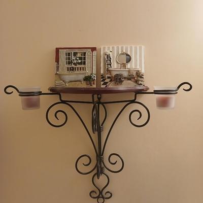Bathroom decor, 3d like tiles, metal framed candle holder shelf
