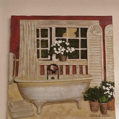 Bathroom decor, 3d like tiles, metal framed candle holder shelf