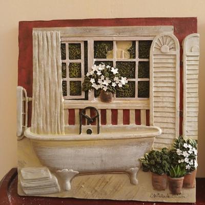 Bathroom decor, 3d like tiles, metal framed candle holder shelf