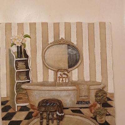 Bathroom decor, 3d like tiles, metal framed candle holder shelf