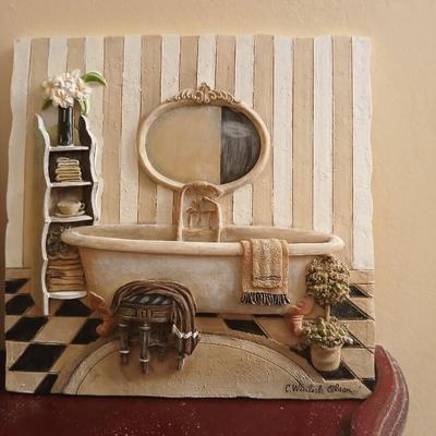 Bathroom decor, 3d like tiles, metal framed candle holder shelf