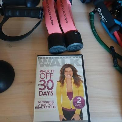 Exercise equipment, stretch bands, hand weights, DVD's and a portable pedal bike