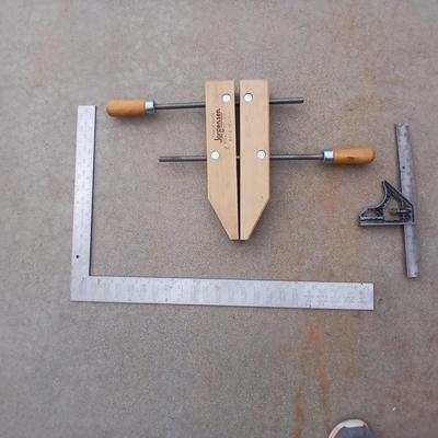 Wooden Jorgenson hand screw clamp with utility square and a combination square