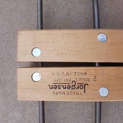 Wooden Jorgenson hand screw clamp with utility square and a combination square