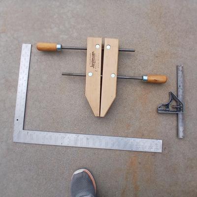 Wooden Jorgenson hand screw clamp with utility square and a combination square