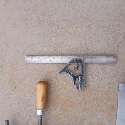 Wooden Jorgenson hand screw clamp with utility square and a combination square