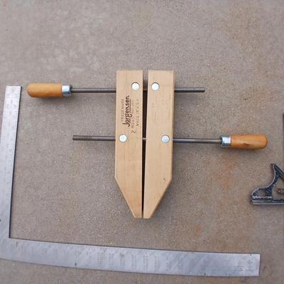 Wooden Jorgenson hand screw clamp with utility square and a combination square