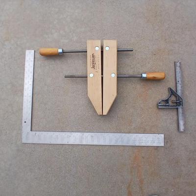 Wooden Jorgenson hand screw clamp with utility square and a combination square