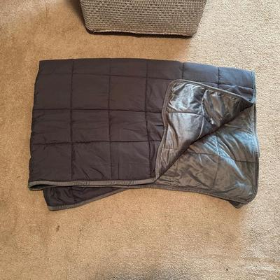 CLOTHES HAMPER, WEIGHTED BLANKET, WOOL BLANKET & FEATHER PILLOW