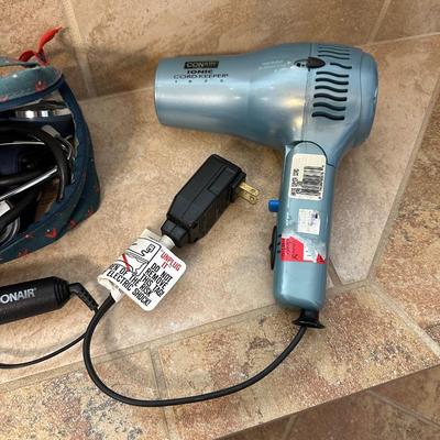 HAIR DRYER, CURLING IRON, HAIR CLIPS AND PONIES, BLOOD PRESSURE MONITOR & NEW WIG
