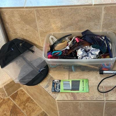 HAIR DRYER, CURLING IRON, HAIR CLIPS AND PONIES, BLOOD PRESSURE MONITOR & NEW WIG