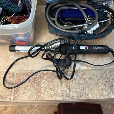 HAIR DRYER, CURLING IRON, HAIR CLIPS AND PONIES, BLOOD PRESSURE MONITOR & NEW WIG