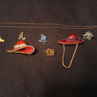 Necklace pendants and red hat society pins - 10k bus - 14k letter A - and more