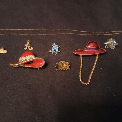 Necklace pendants and red hat society pins - 10k bus - 14k letter A - and more