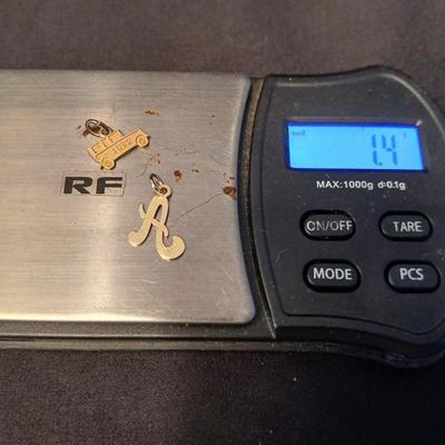 Necklace pendants and red hat society pins - 10k bus - 14k letter A - and more