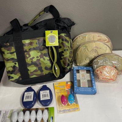Cameo lunchbag, make up bags, toothbrush, holder, brushes, and lightbulbs