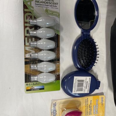 Cameo lunchbag, make up bags, toothbrush, holder, brushes, and lightbulbs