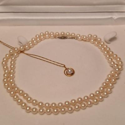 DR 14K Italy Marked chain necklace with pendant and a long pearl like necklace