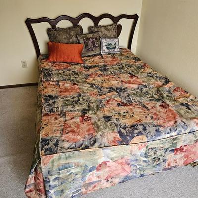 Full size bed - headboard and frame with mattress and boxsprings & bedding