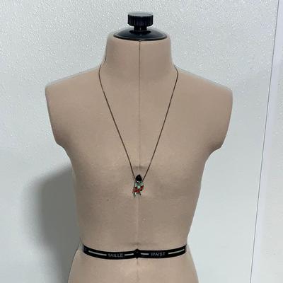 Native American Zuni Turquoise and Coral Pendant W/ 24” Sterling Chain
