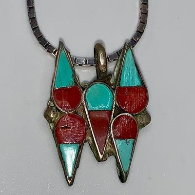 Native American Zuni Turquoise and Coral Pendant W/ 24” Sterling Chain