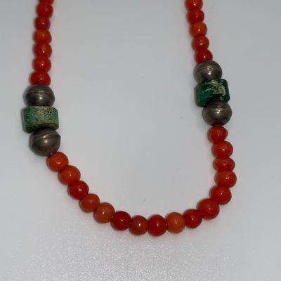 Vintage Native American Coral, Turquoise, and Pawn Silver Choker Necklace