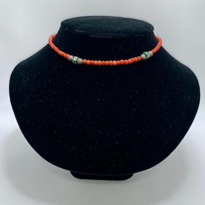 Vintage Native American Coral, Turquoise, and Pawn Silver Choker Necklace