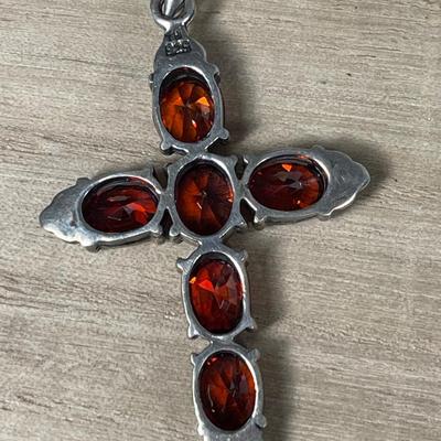 Garnet and marcasite Sterling cross pendant