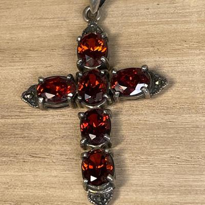 Garnet and marcasite Sterling cross pendant