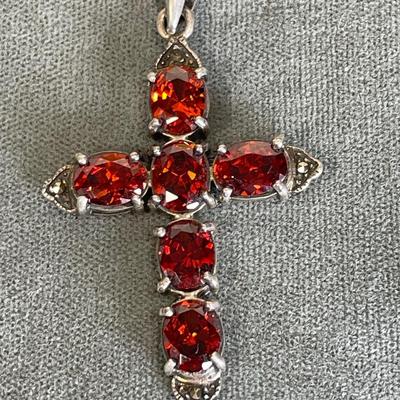 Garnet and marcasite Sterling cross pendant