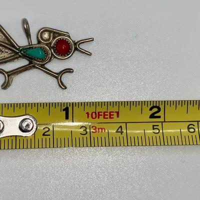 Vintage Native American Pawn Silver, Turquoise, and Coral Roadrunner Pendant