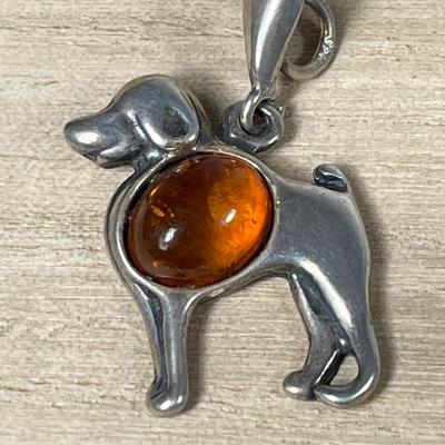 Cute Sterling and Amber Dog pendant