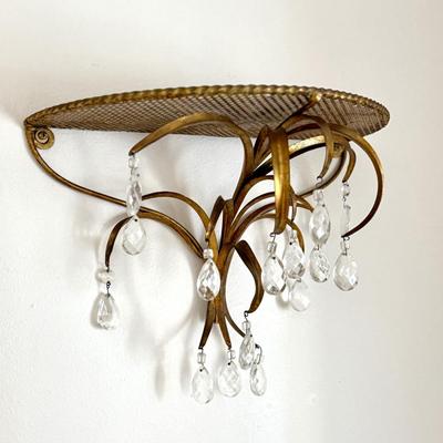 Set of 2 MCM Hollywood Regency Sconce Shelves with Prism Pendants