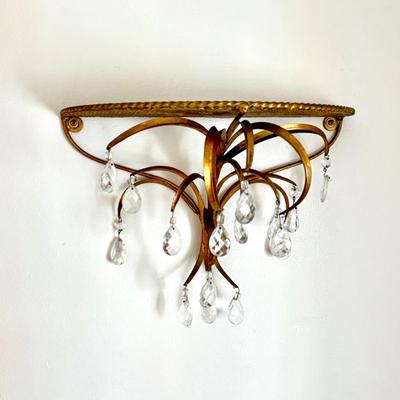 Set of 2 MCM Hollywood Regency Sconce Shelves with Prism Pendants
