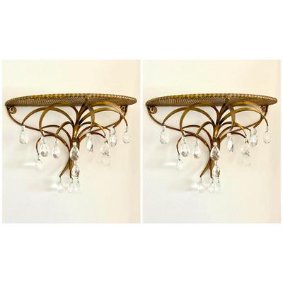 Set of 2 MCM Hollywood Regency Sconce Shelves with Prism Pendants