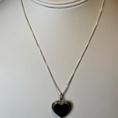 Vintage sterling and onyx heart pendant necklace