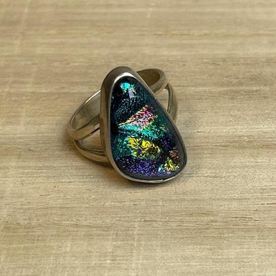 Dichroic glass and sterling ring 6.75
