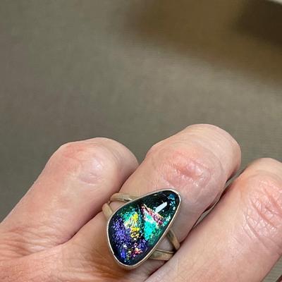 Dichroic glass and sterling ring 6.75