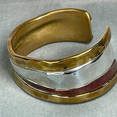 Cool copper, brass and sterling cuff bracelet