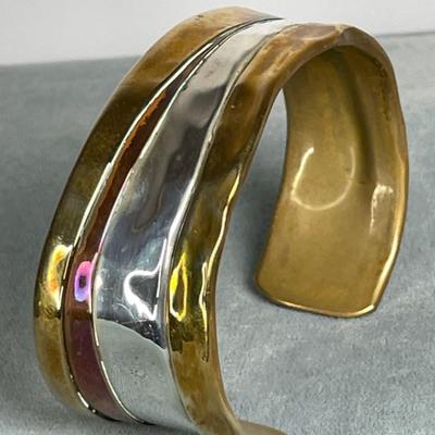 Cool copper, brass and sterling cuff bracelet