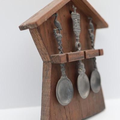 Vintage Pewter Spoons with Wood Wall Hanging Decor