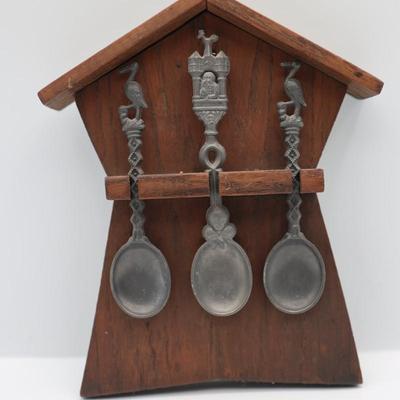 Vintage Pewter Spoons with Wood Wall Hanging Decor