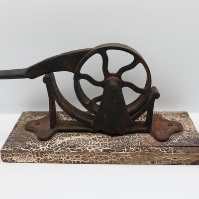 Mechanical Cast Iron Cork Press Tool Mounted on Wooden Plank