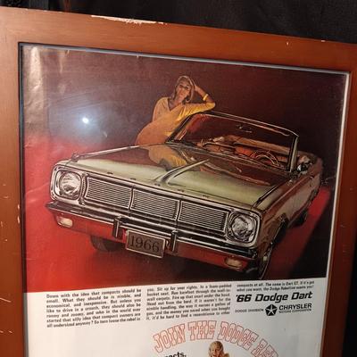 FRAMED CAR ADVERTISEMENT, 2 PHOTOS OF A CORVETTE AND A AUTO RACING YEARBOOK