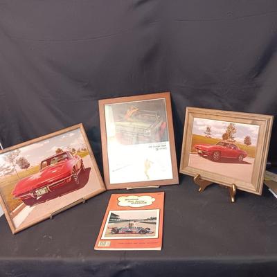 FRAMED CAR ADVERTISEMENT, 2 PHOTOS OF A CORVETTE AND A AUTO RACING YEARBOOK