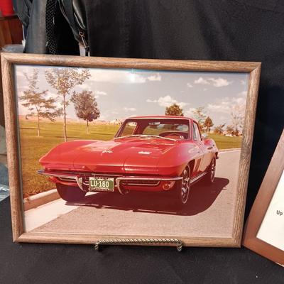 FRAMED CAR ADVERTISEMENT, 2 PHOTOS OF A CORVETTE AND A AUTO RACING YEARBOOK