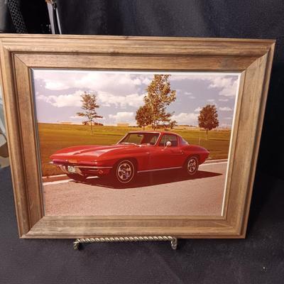 FRAMED CAR ADVERTISEMENT, 2 PHOTOS OF A CORVETTE AND A AUTO RACING YEARBOOK