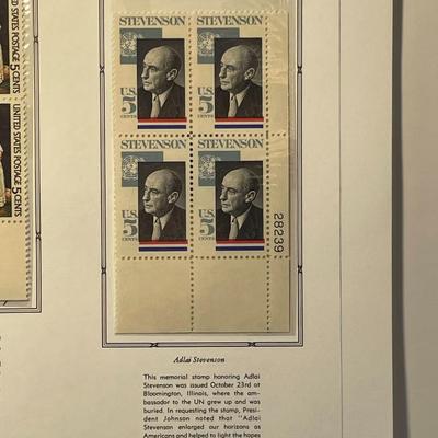 John Singleton Copley & Adlai Stevenson 1965 Mint Condition US Stamp Plate Blocks Page as Pictured. Only One $5 Shipping Charge for 1...