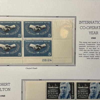 International Co-Operation Year & Robert Fulton 1965 Mint Condition US Stamp Plate Blocks Page as Pictured. Only One $5 Shipping...